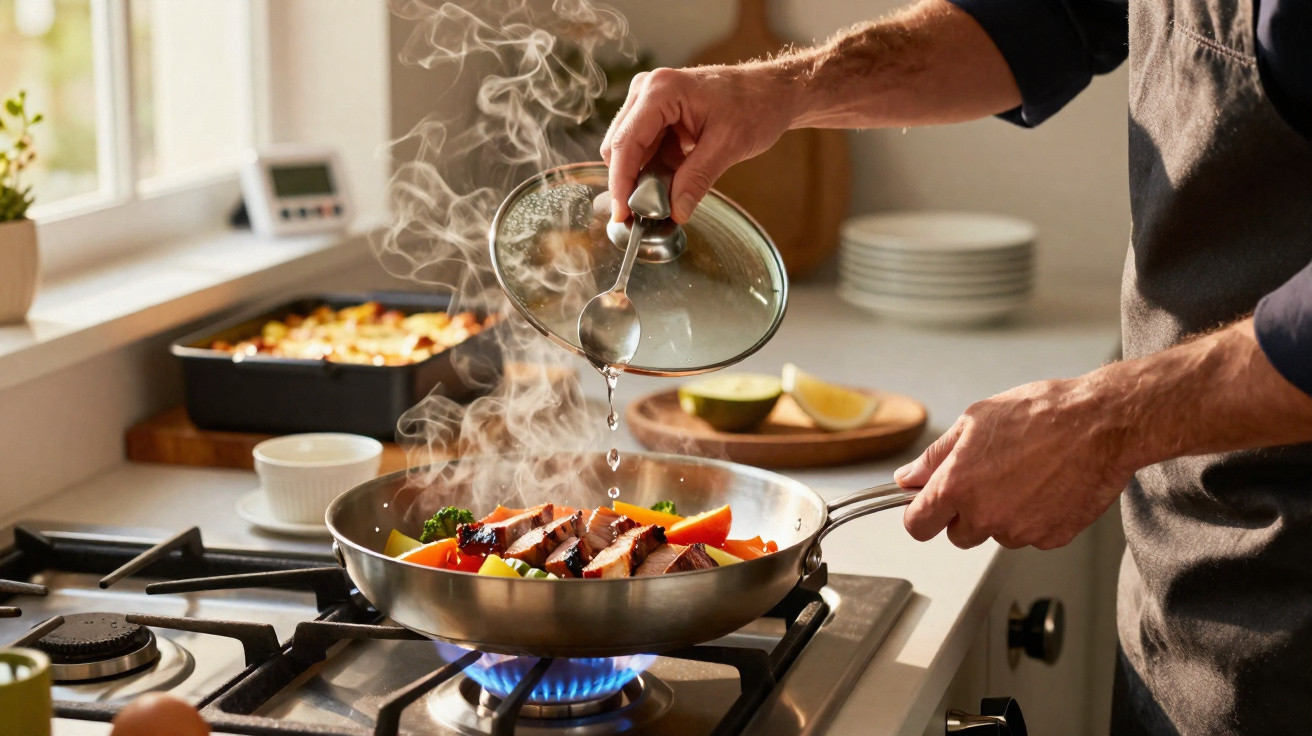 Pessoa adiciona líquido em frigideira com legumes e carne sobre fogão a gás, com vapor saindo.