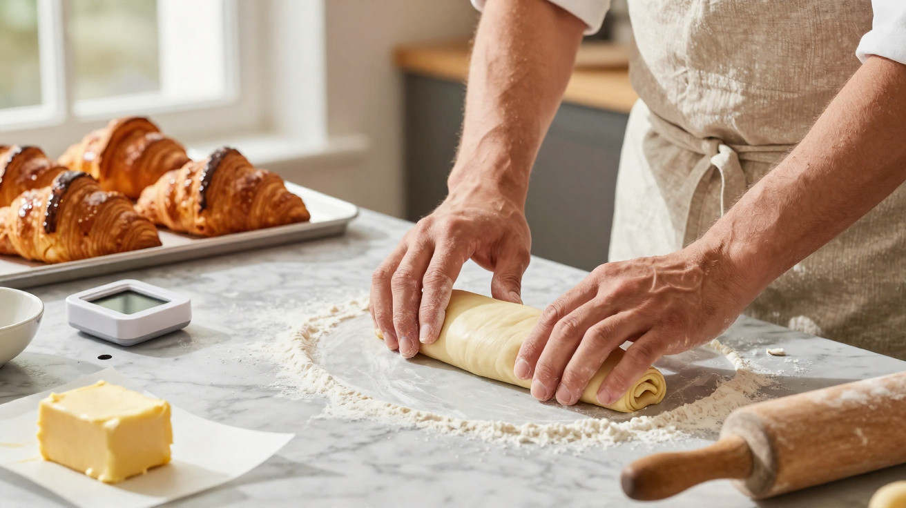 Pessoa enrolando massa de croissant sobre bancada com farinha, manteiga e croissants assados ao fundo.