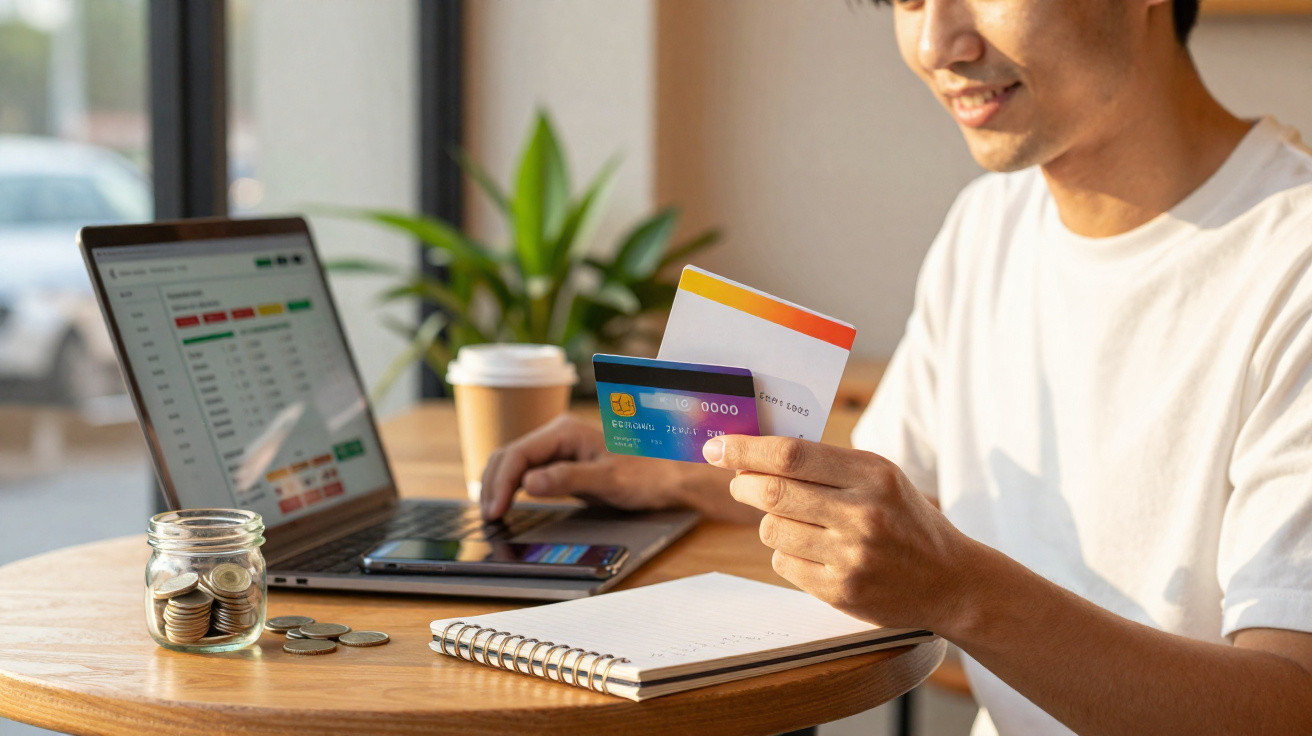 Pessoa segurando cartões de crédito enquanto usa laptop para controlar finanças, com cofrinho e caderno na mesa.