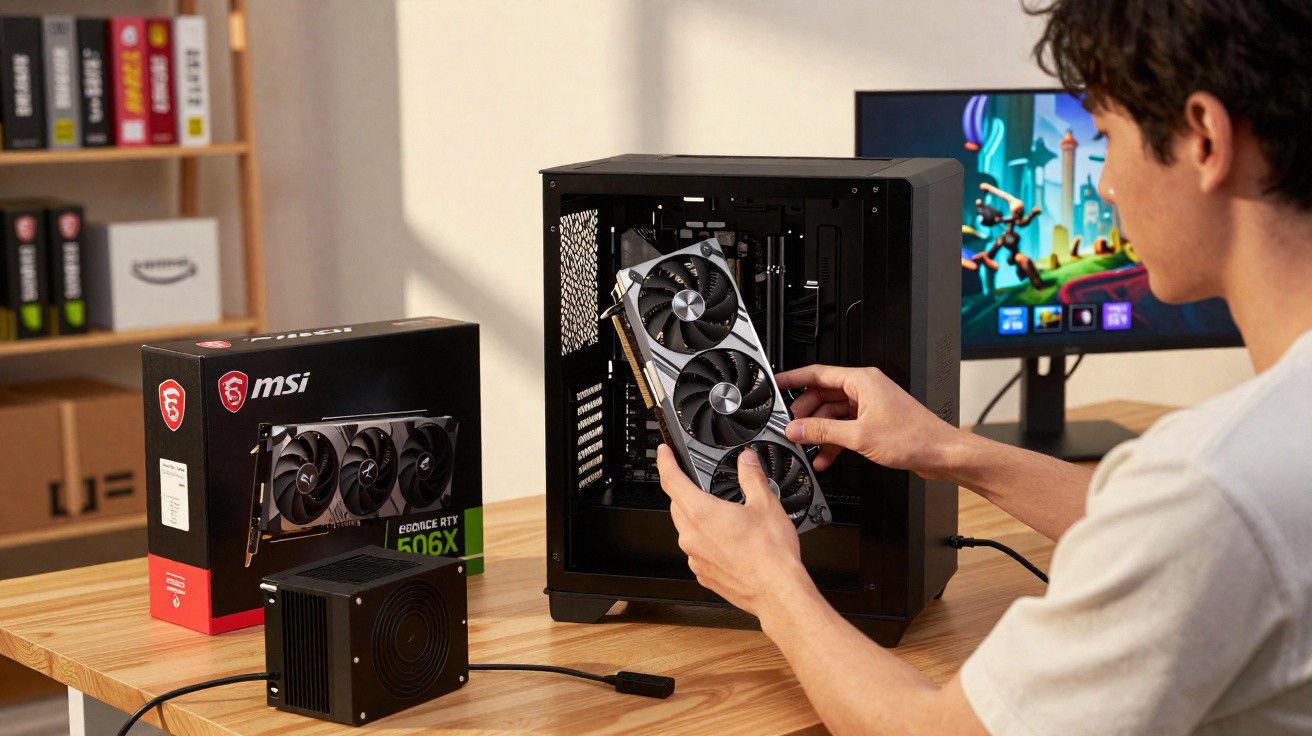 Pessoa instalando placa de vídeo MSI GeForce RTX 4060X em gabinete de PC aberto sobre mesa de madeira.