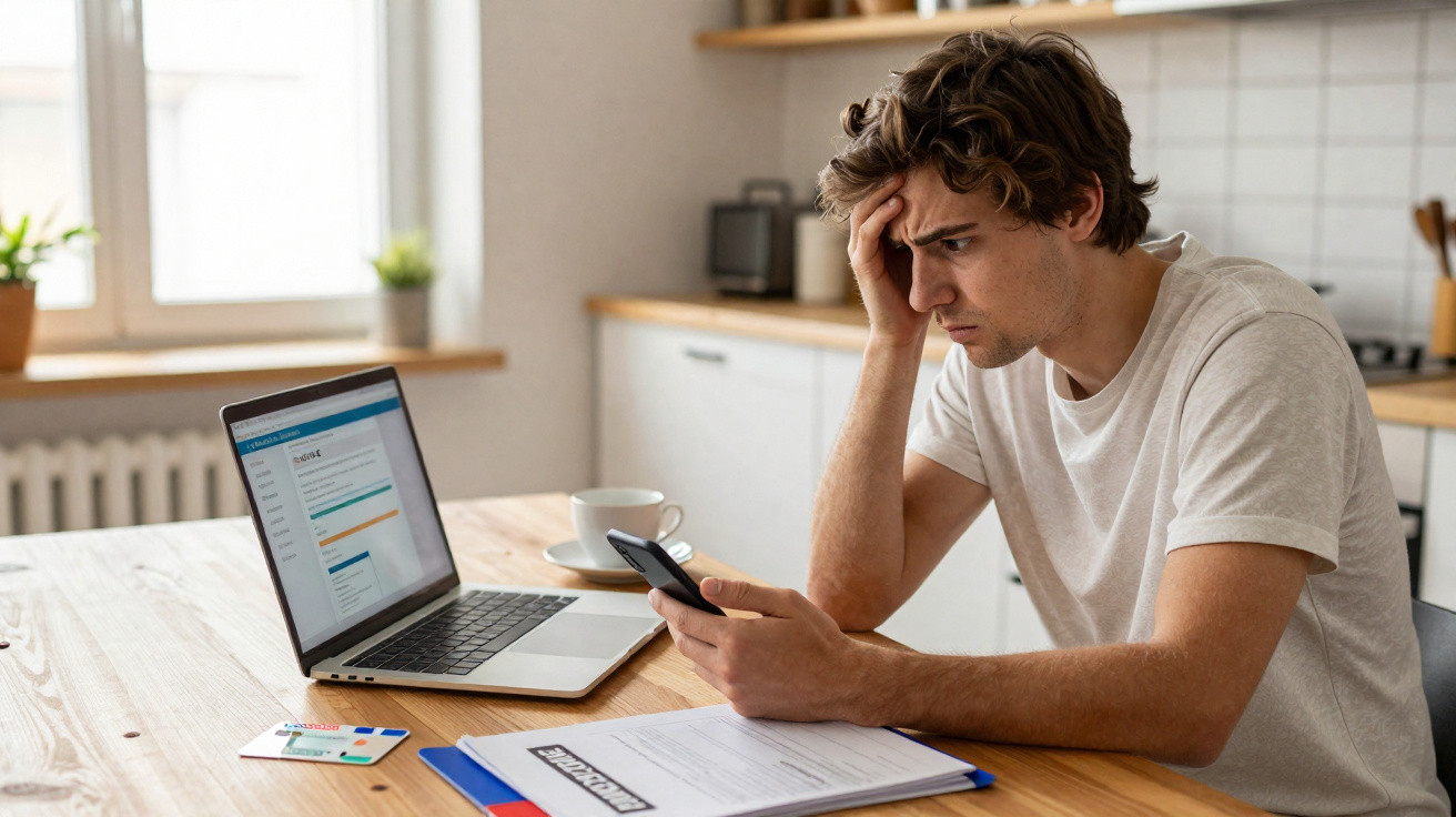 Homem preocupado olhando para celular com laptop aberto e documentos sobre finanças na mesa.