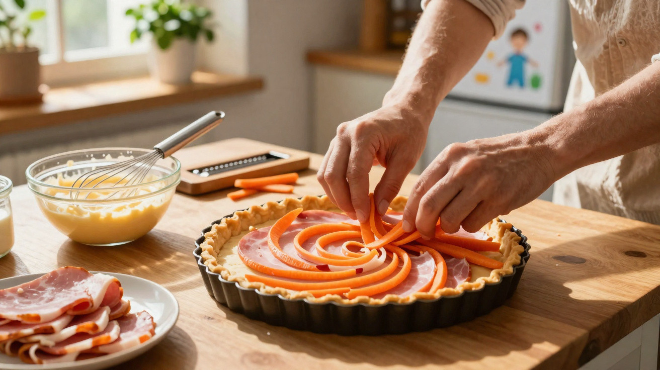 Pessoa organizando fatias de cenoura e presunto em forma de espiral dentro de uma forma de torta.