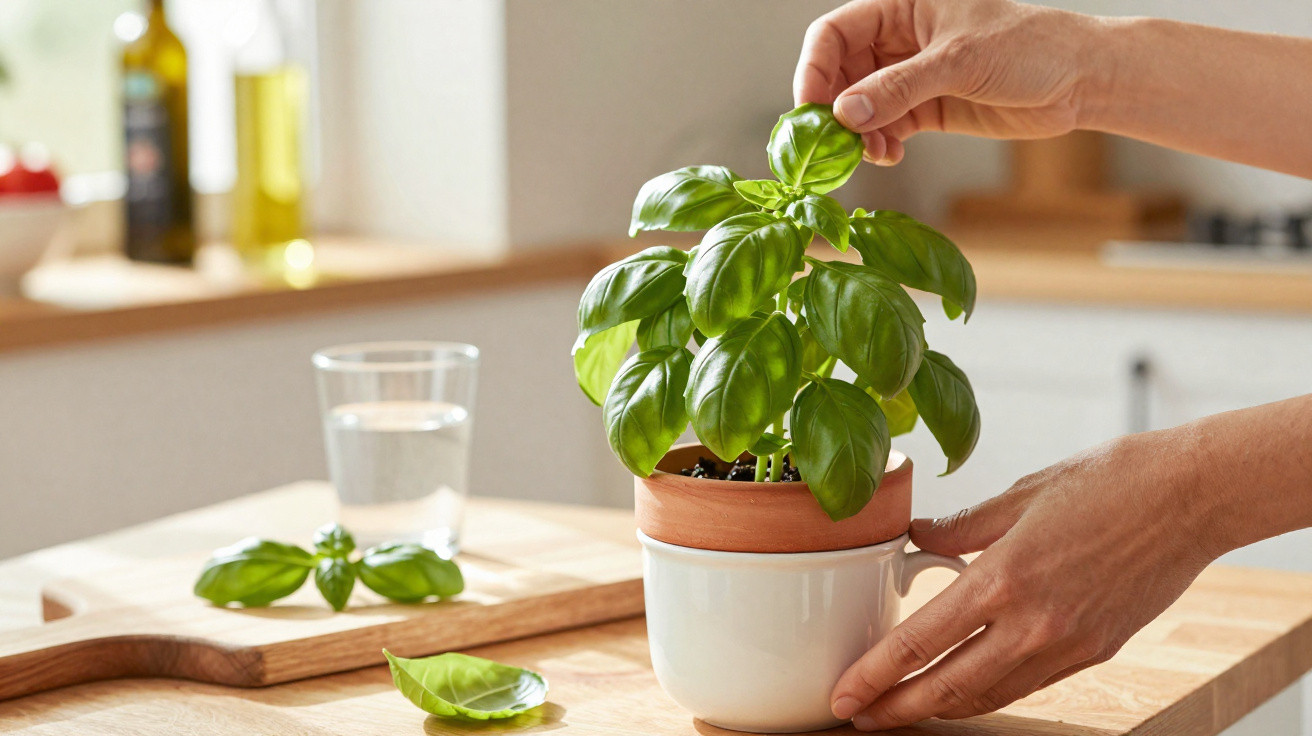 Mãos cuidando de manjericão em vaso branco sobre bancada de madeira em cozinha iluminada natural.