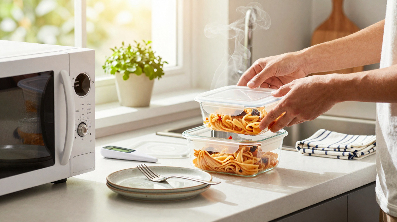 Pessoa tampando recipiente com macarrão quente na bancada da cozinha ao lado de micro-ondas branco.