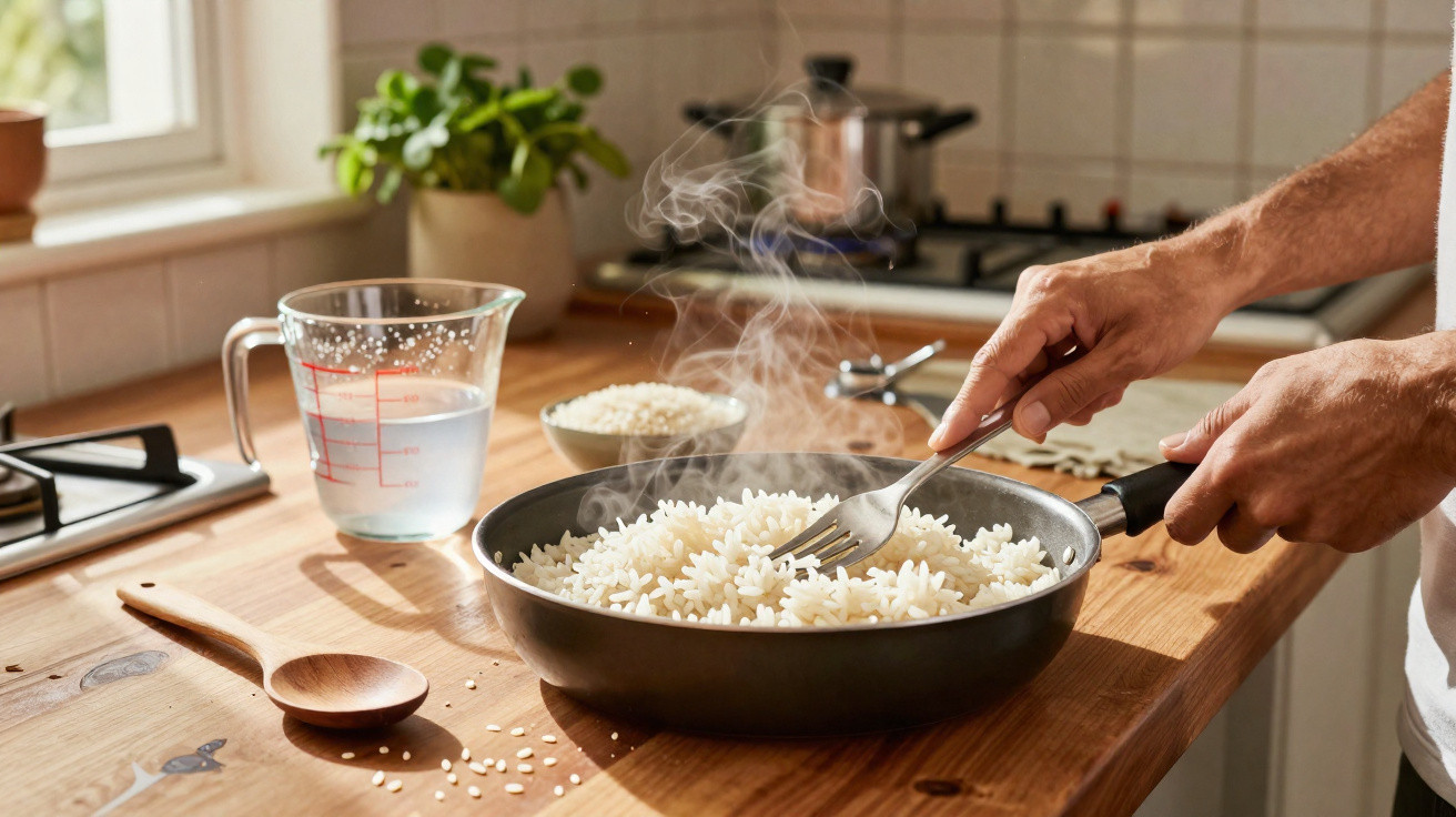 Mãos mexendo arroz cozido com garfo em frigideira, na bancada de madeira de uma cozinha.