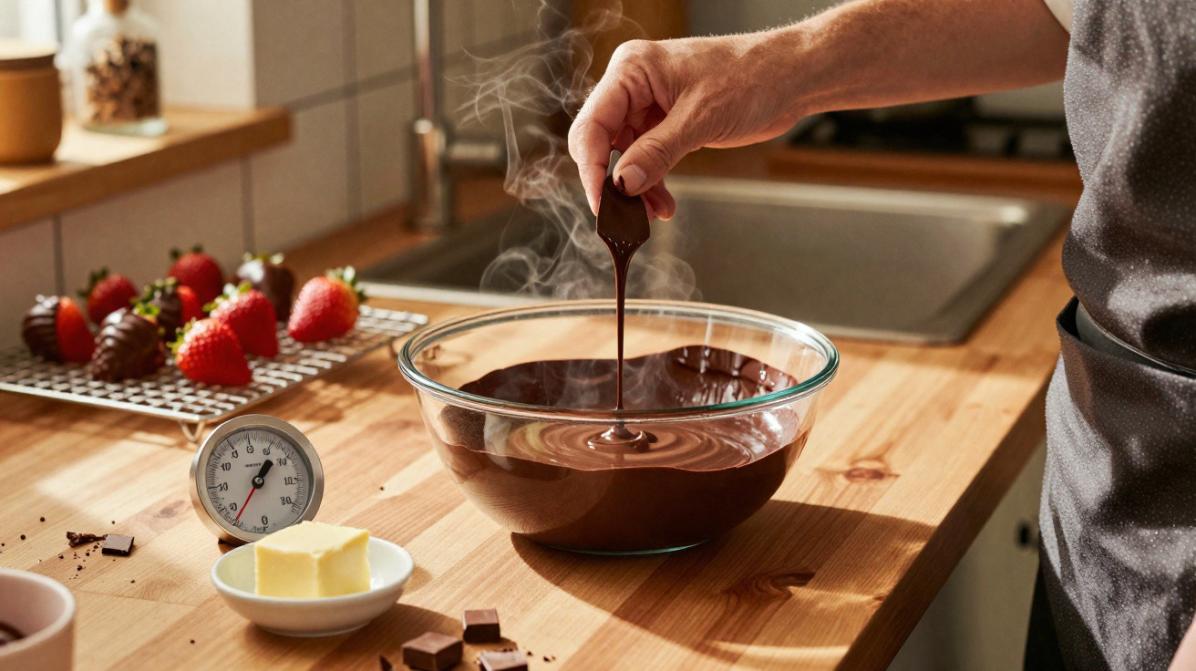 Mão mexendo chocolate derretido em tigela de vidro com morangos cobertos de chocolate ao fundo.
