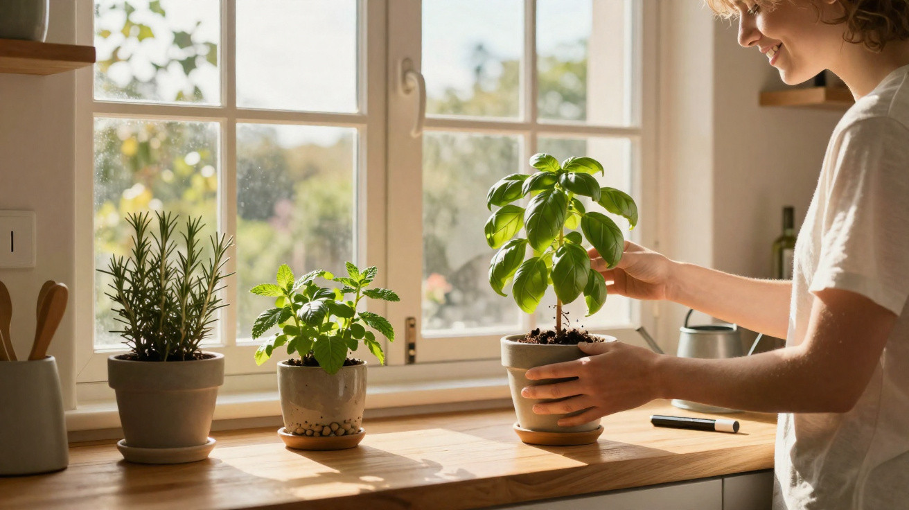 Pessoa cuidando de plantas em vasos sobre bancada de madeira próxima à janela iluminada pelo sol.