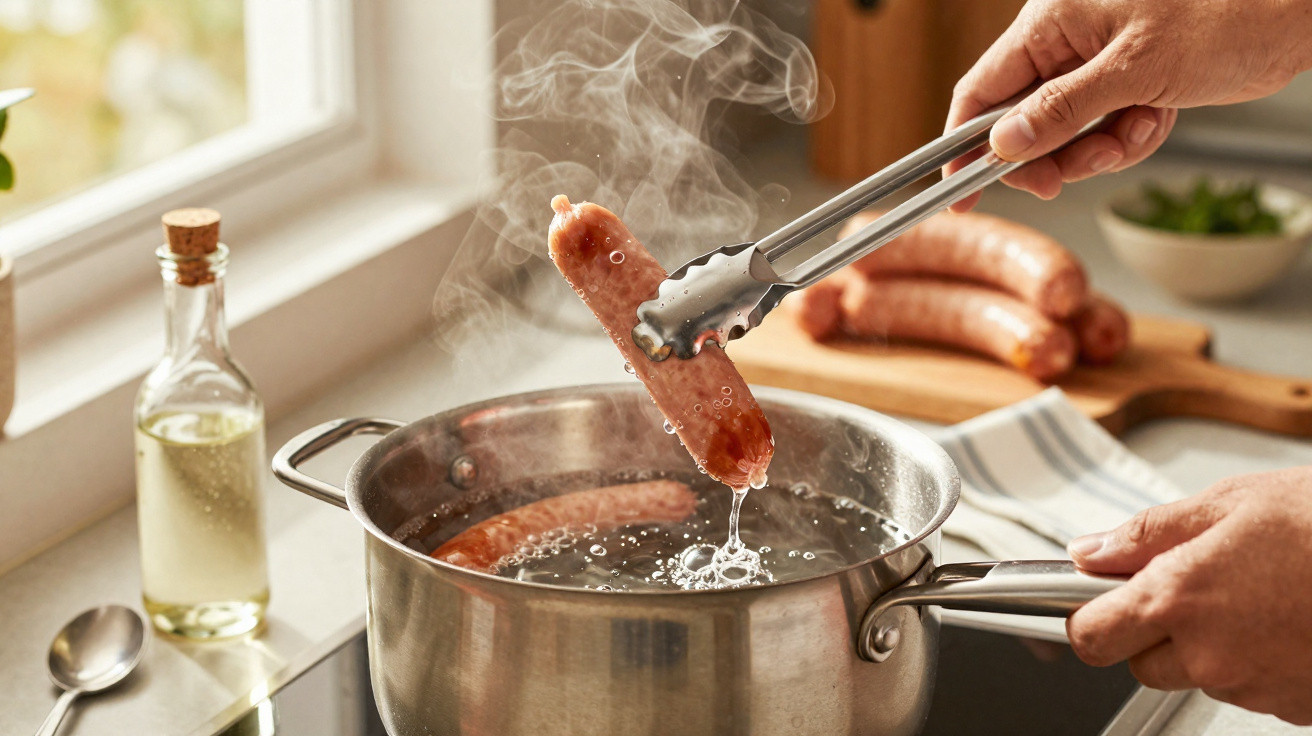 Mãos segurando pinça retiram salsicha fervendo de panela com vapor em cozinha iluminada natural.