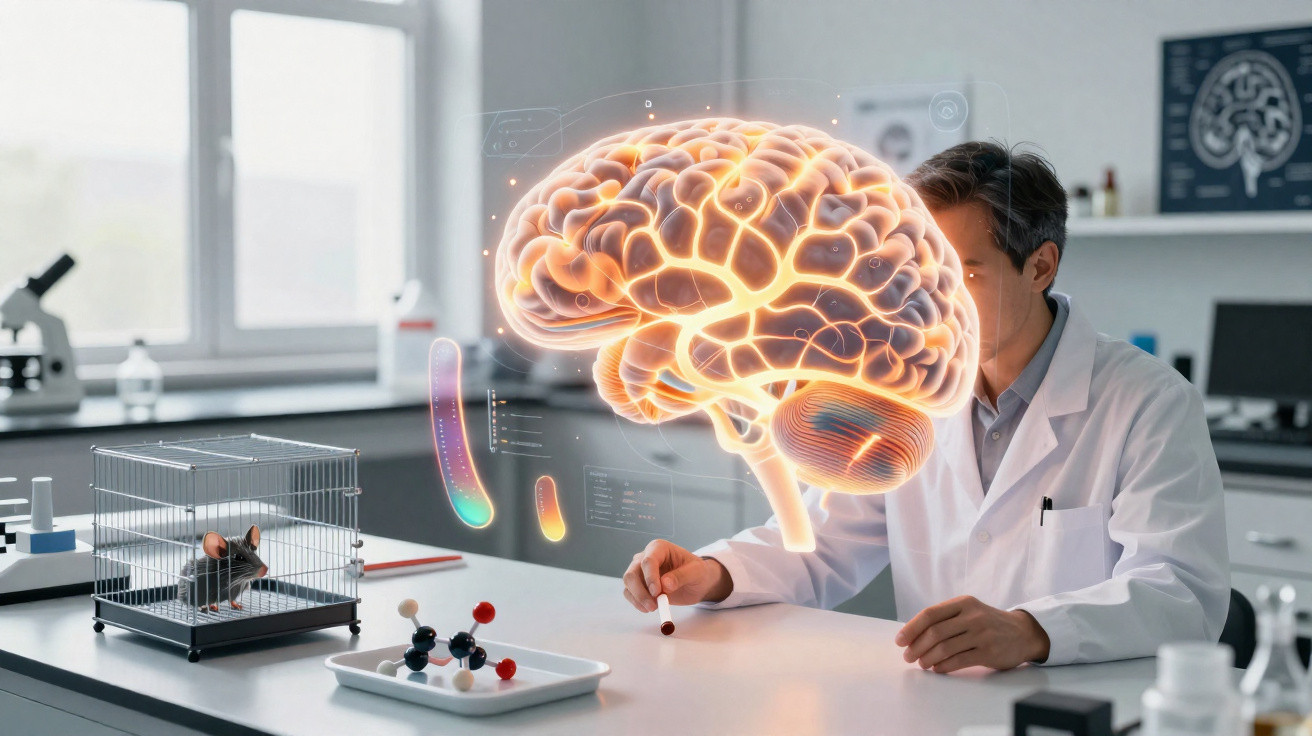 Cientista em laboratório analisando imagem holográfica de cérebro, com rato em gaiola e modelo molecular na mesa.