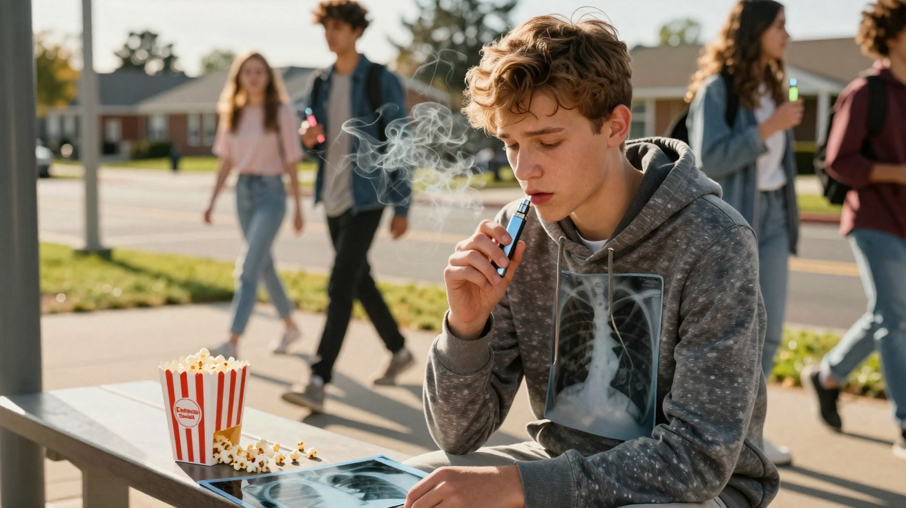 Adolescente vaping sentado em banco ao ar livre com raio-x de pulmões ao fundo, pipoca na mesa e pessoas caminhando.