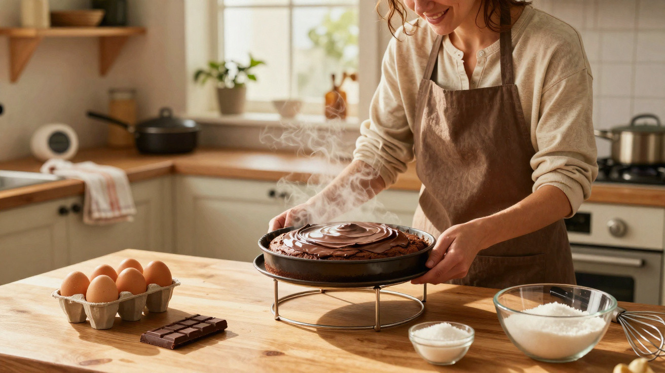 Mulher sorrindo segura bolo de chocolate quente recém-saído do forno na cozinha iluminada.