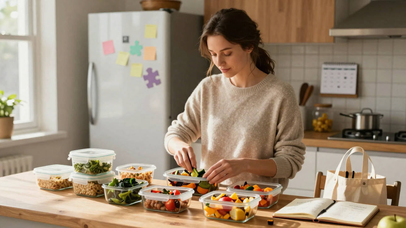 Mulher preparando marmitas saudáveis com saladas e legumes em potes plásticos na cozinha.