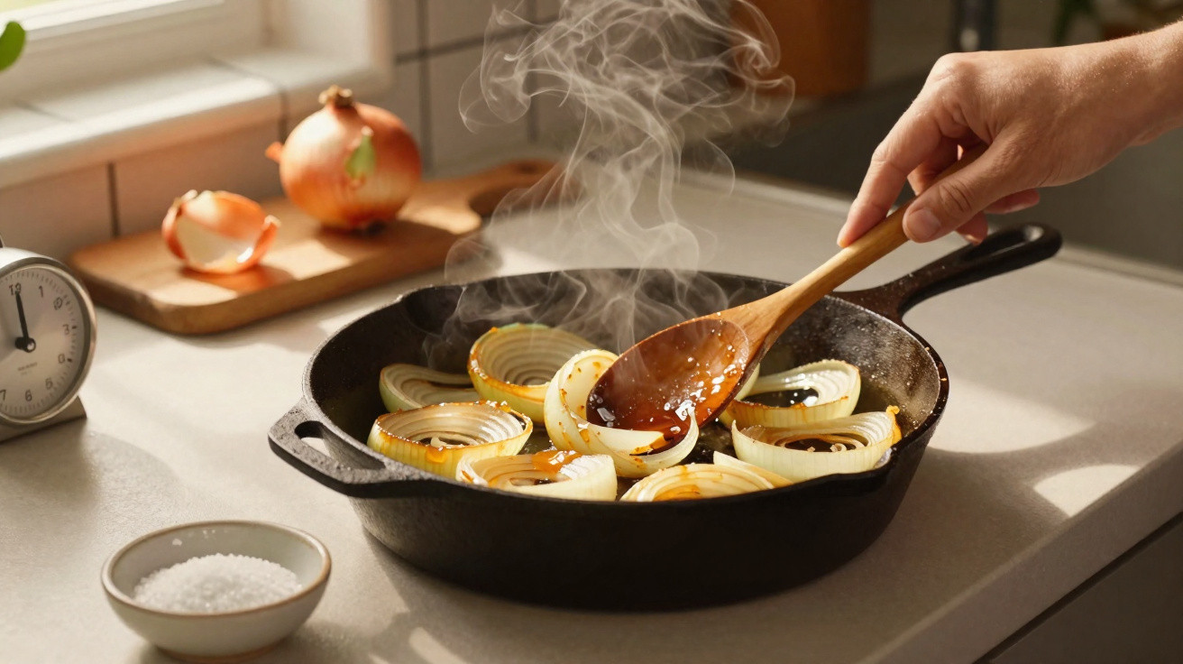 Cebolas dourando em frigideira de ferro com colher de pau enquanto sai fumaça na cozinha iluminada.