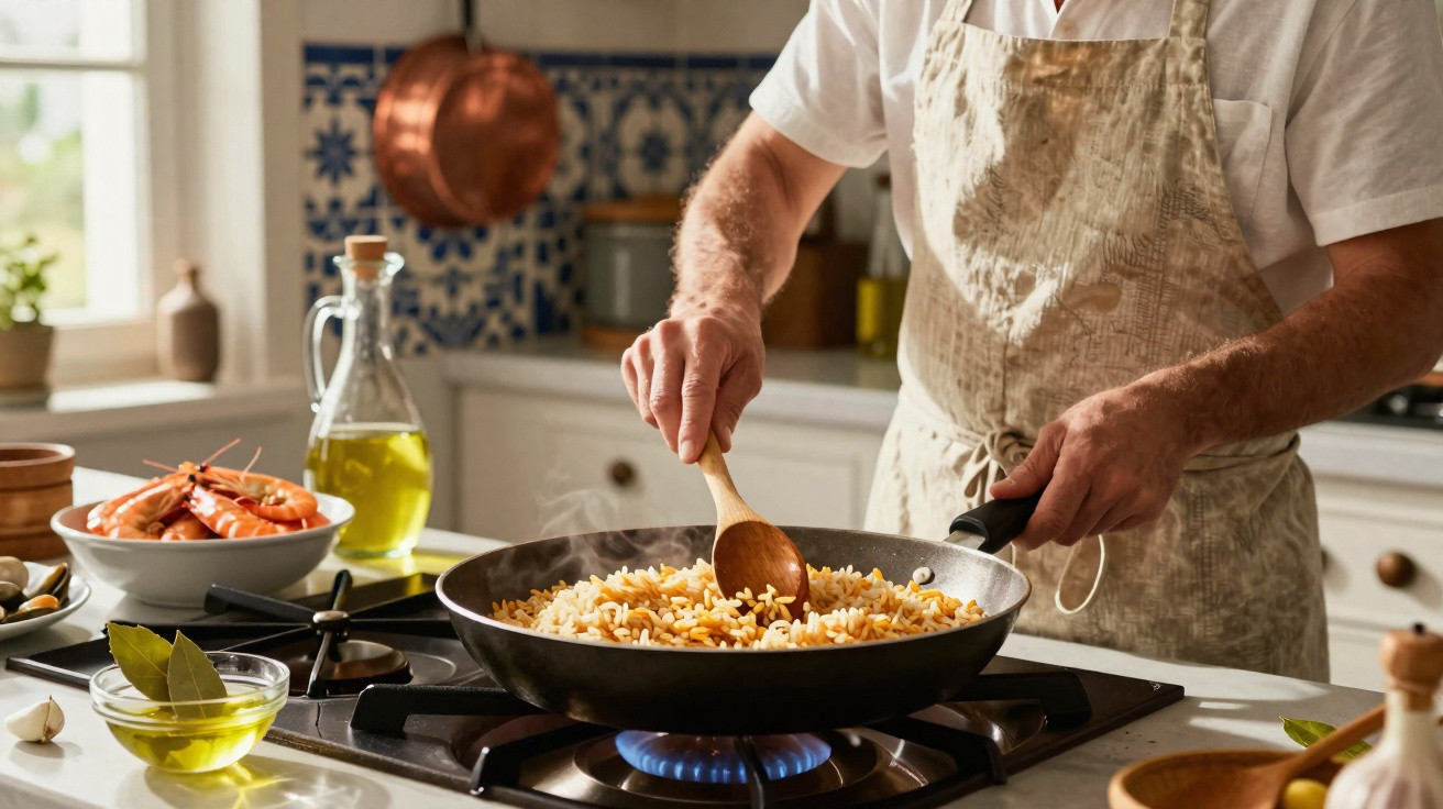 Pessoa mexendo arroz com legumes em frigideira no fogão em cozinha caseira iluminada.