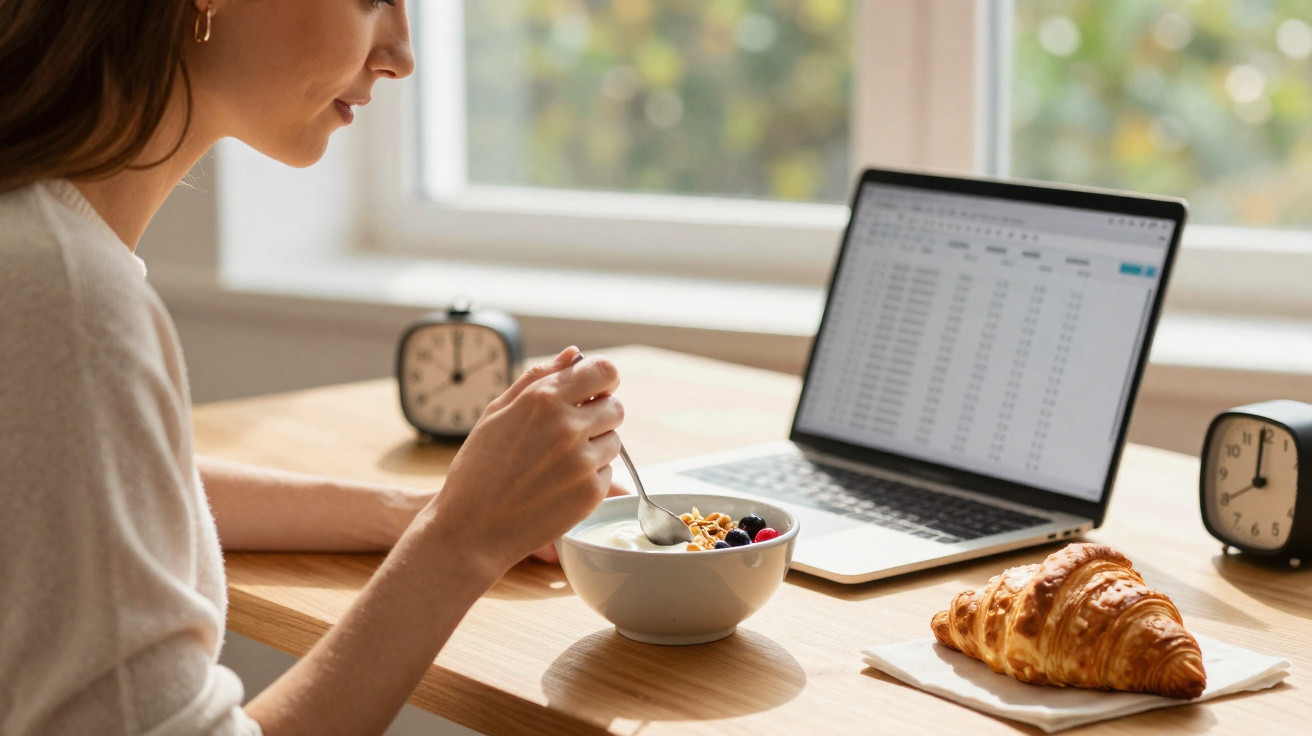 Mulher comendo cereal na frente de um notebook aberto em mesa com croissant e relógios analógicos.