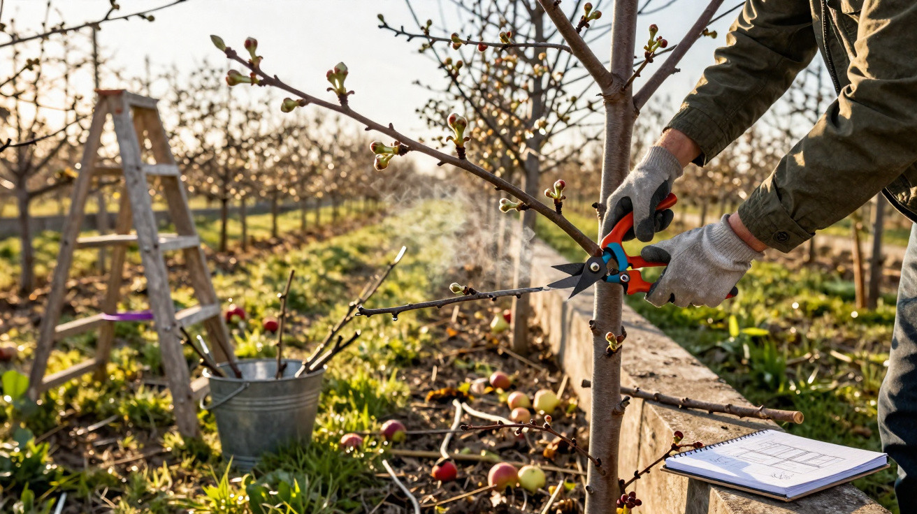 Pessoa podando galho de árvore frutífera em pomar com luvas e tesoura de poda.