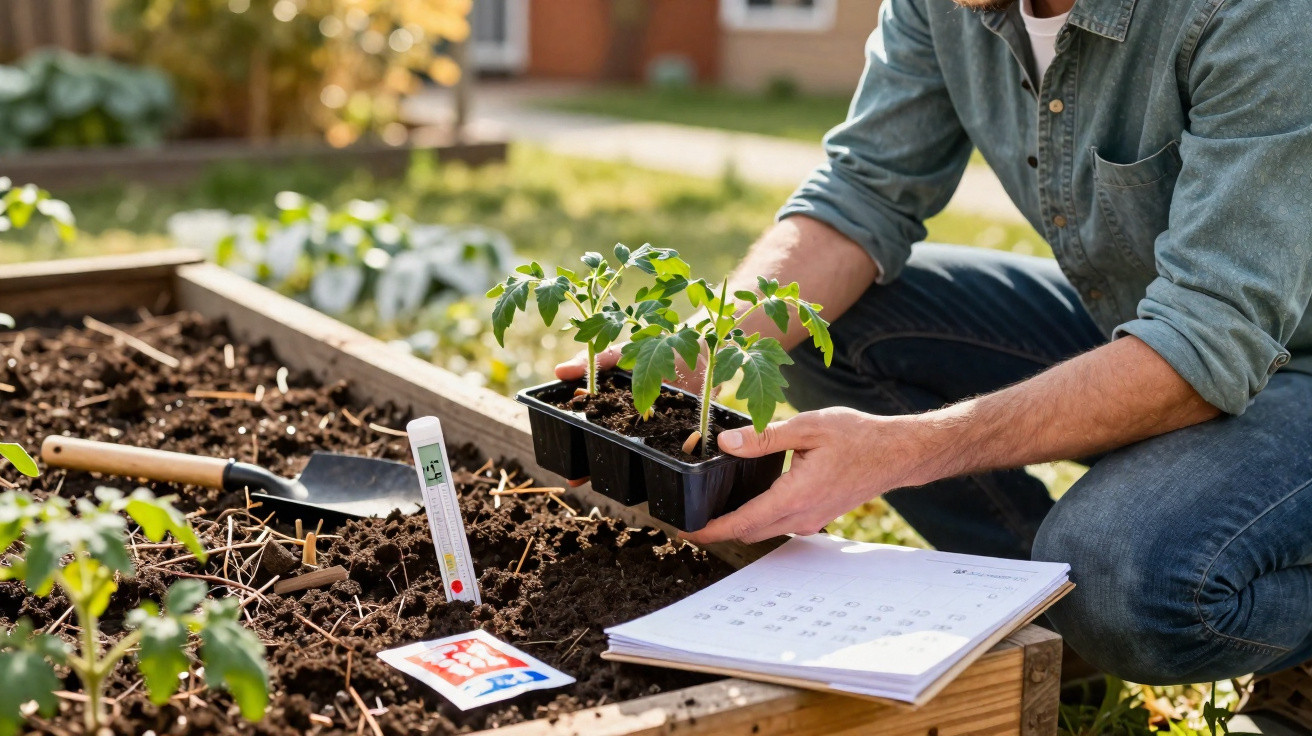 Pessoa plantando mudas em hortaliça com termômetro, pá e caderno em jardim ao ar livre.