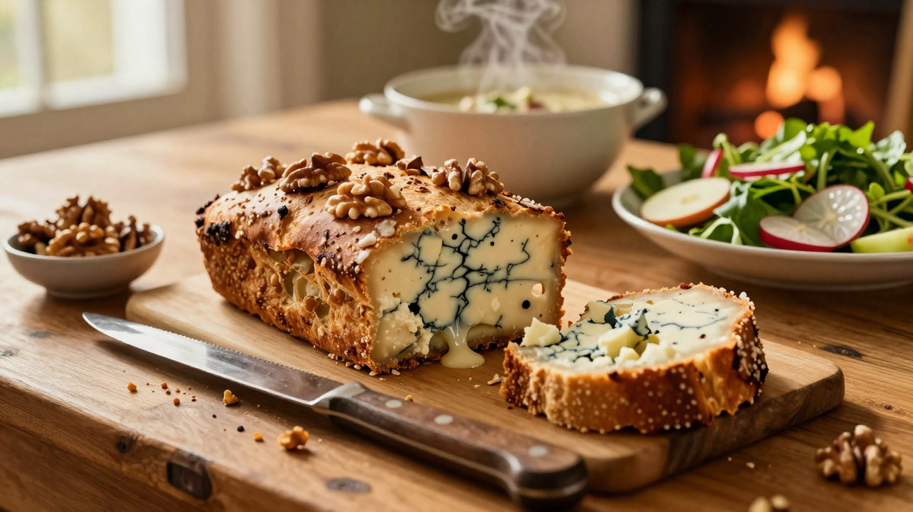 Pão recheado com queijo azul e nozes sobre tábua de madeira com faca, ao lado de salada e nozes em potes.