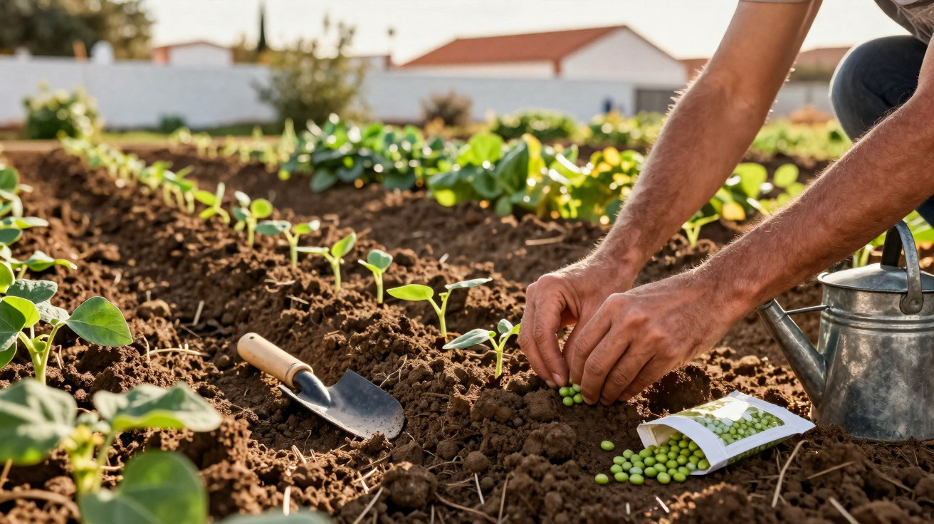 Mãos plantando sementes verdes na terra em uma horta ensolarada com regador e pá ao lado.