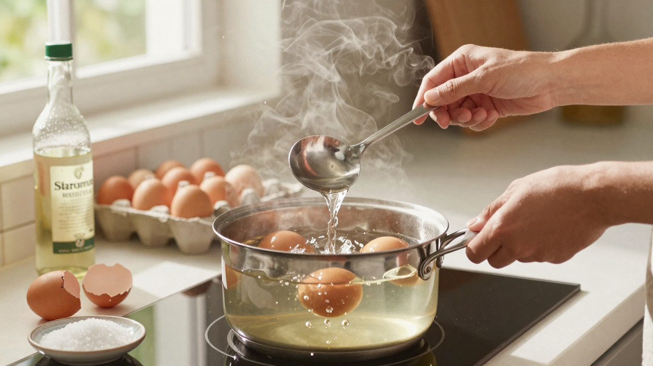 Pessoa cozinhando ovos em uma panela de vidro com água fervente na cozinha.