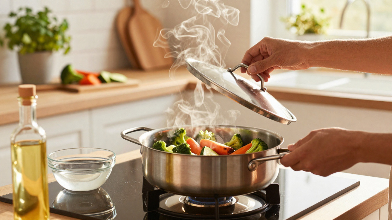 Mãos retirando tampa de panela no fogão com legumes cozinhando e vapor subindo em cozinha iluminada.
