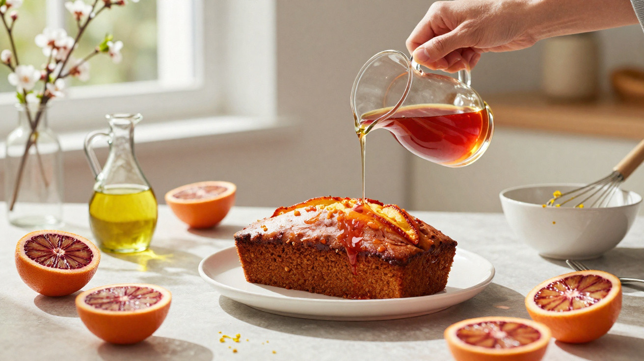 Mão derramando calda sobre bolo de laranja acompanhado de laranjas cortadas e azeite em vidro.