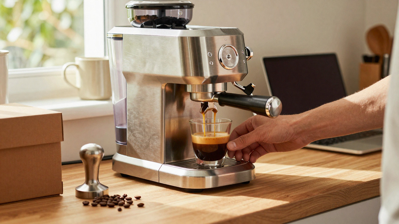 Pessoa preparando café espresso com máquina de inox em cozinha, com punhado de grãos e acessórios na bancada.
