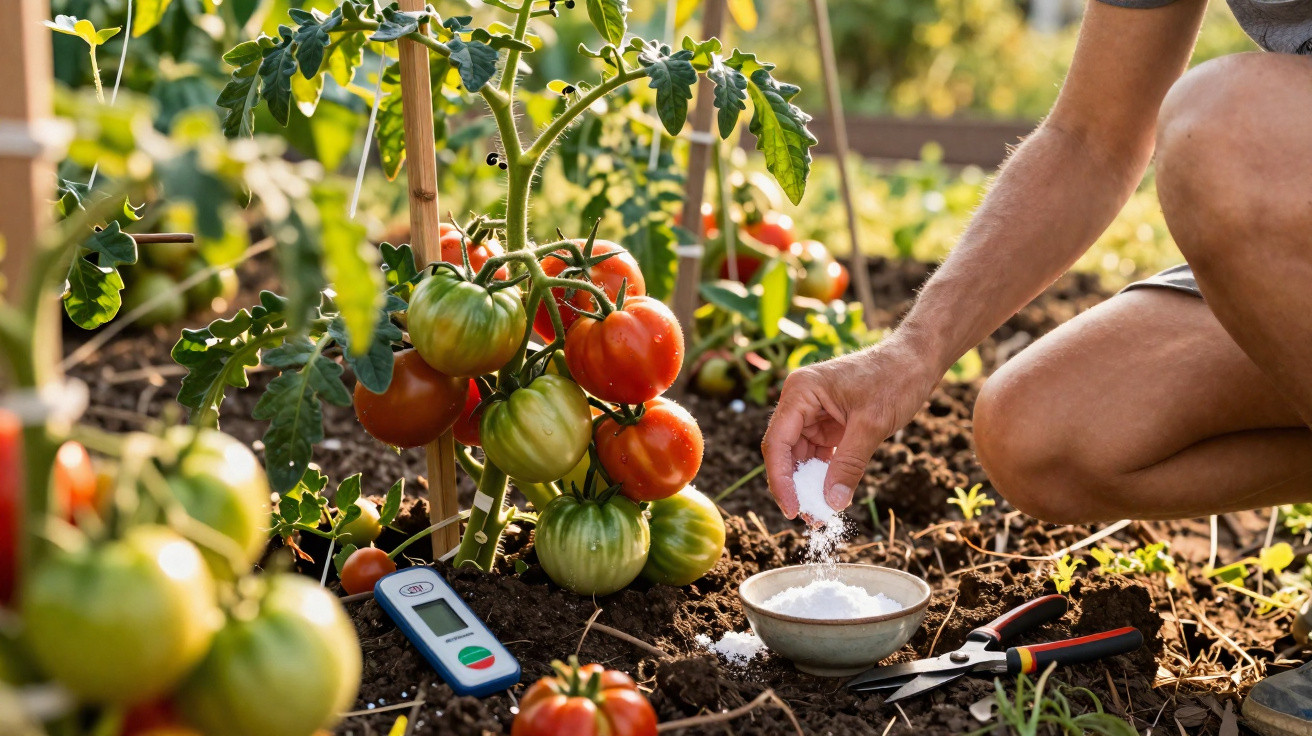 Pessoa aplicando fertilizante em plantação de tomateiros com frutos verdes e maduros.