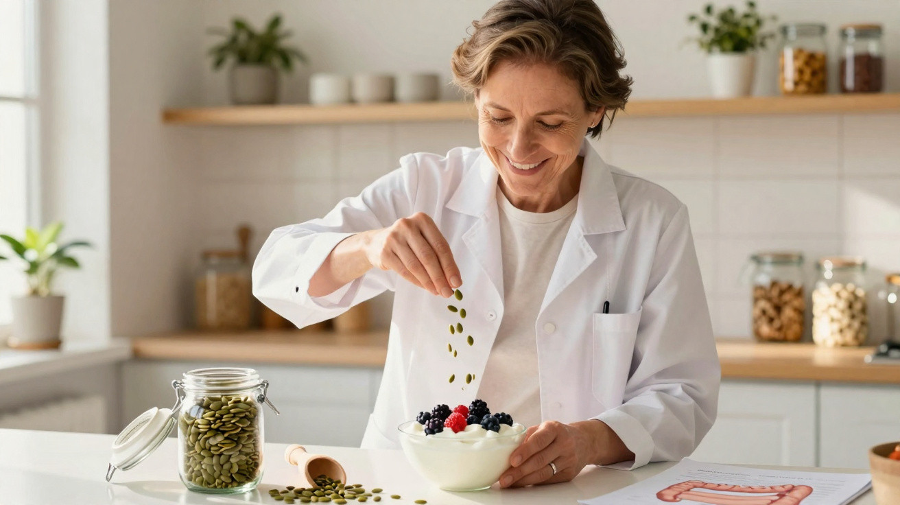 Mulher sorridente em jaleco adiciona sementes em tigela de iogurte com frutas em cozinha iluminada.