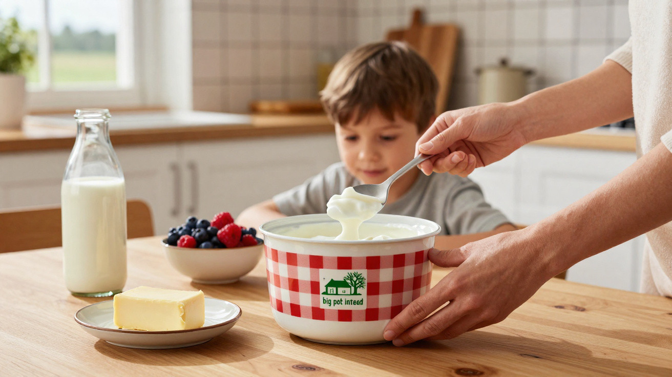 Mãos pegando iogurte em pote grande, com menino ao fundo e itens como leite, manteiga e frutas na mesa.