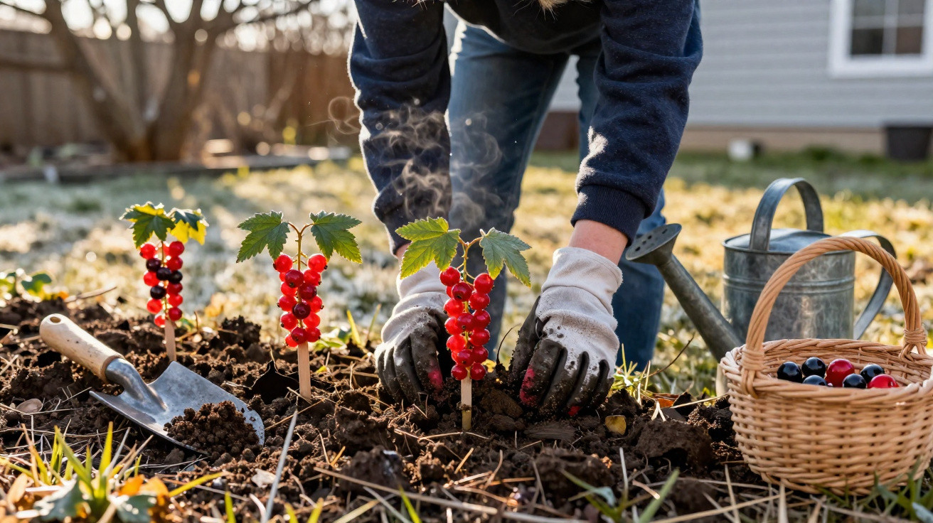 Pessoa plantando arbustos com frutas vermelhas no jardim, com regador, pá e cesta de frutas ao lado.