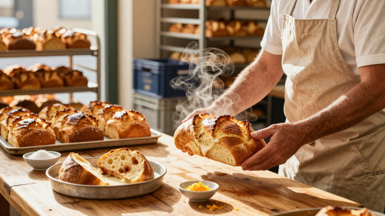 Padeiro segurando pão quente recém-saído do forno com vapor em mesa de madeira cheia de pães.