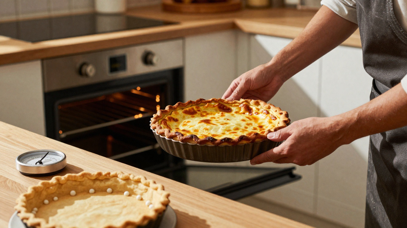 Pessoa tirando torta de queijo do forno em cozinha moderna com massa crua na bancada de madeira.