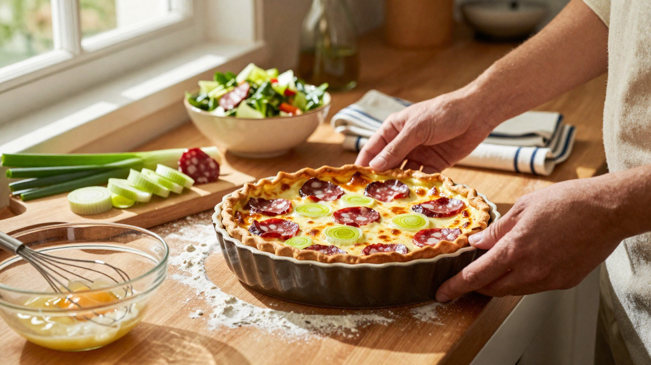Mãos segurando torta salgada com calabresa e alho-poró em forma, com ingredientes e salada ao fundo.
