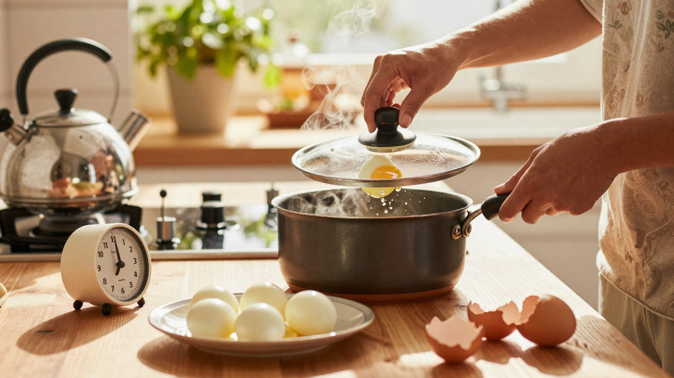 Pessoa cozinhando ovos em panela fumegante na cozinha iluminada, com ovos cozidos e relógio sobre bancada.