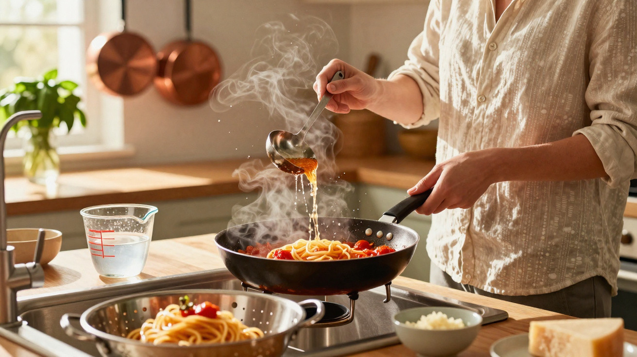 Pessoa preparando espaguete com molho de tomate quente em frigideira na cozinha ensolarada.