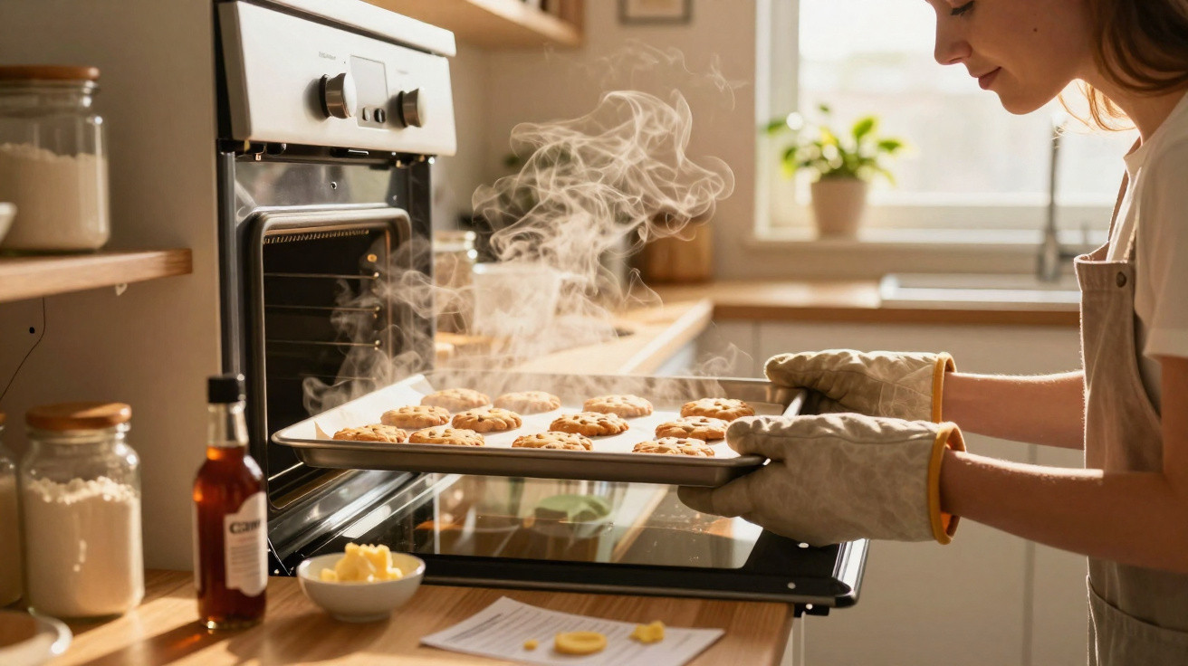 Mulher retirando bandeja com biscoitos quentes e fumegantes do forno na cozinha aconchegante.