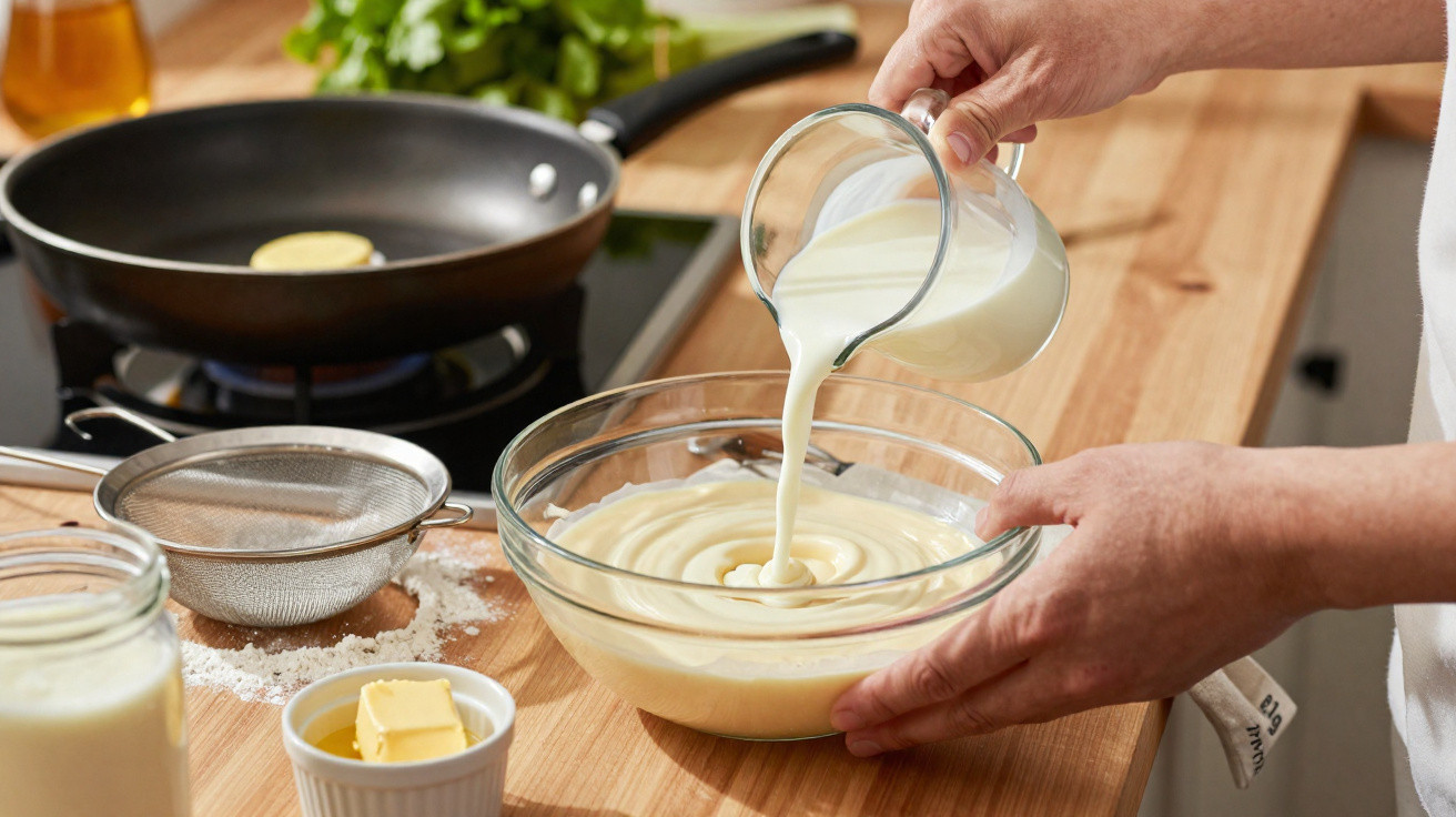 Mãos derramando leite em tigela com massa cremosa, com ingredientes e panela ao fundo na bancada.