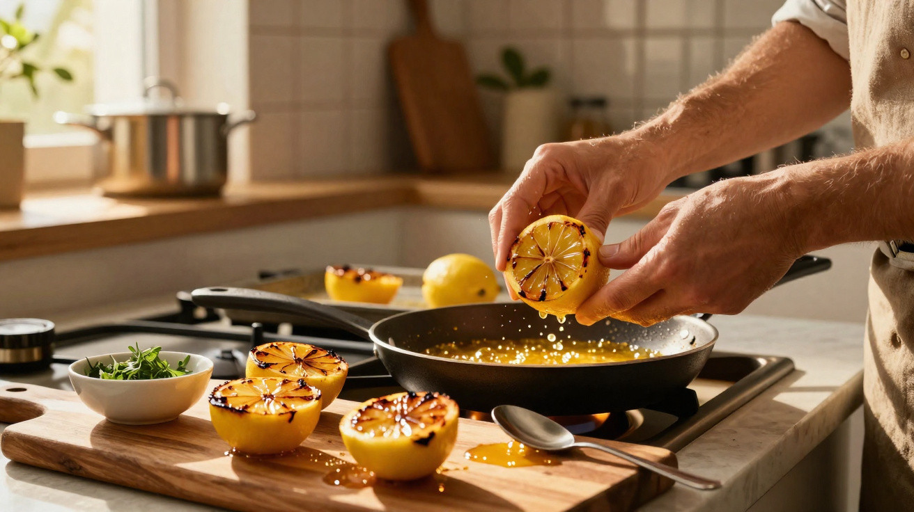 Pessoa espremendo limão grelhado sobre frigideira em cozinha iluminada, com limões e ervas ao redor.