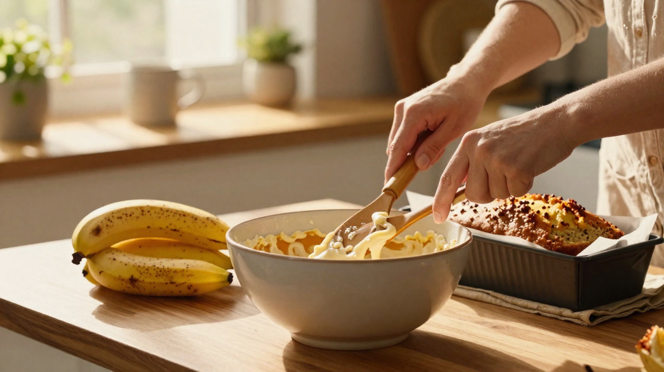Pessoa mexendo massa em tigela com banana ao lado e pão em forma sobre mesa de cozinha iluminada.