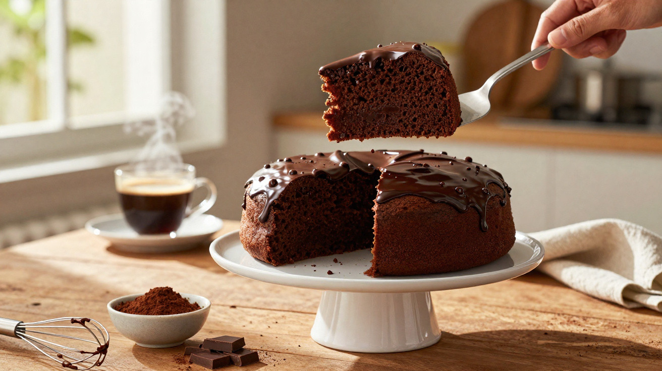 Bolo de chocolate com cobertura sendo servido em fatia, com café fumegante ao fundo sobre mesa de madeira.