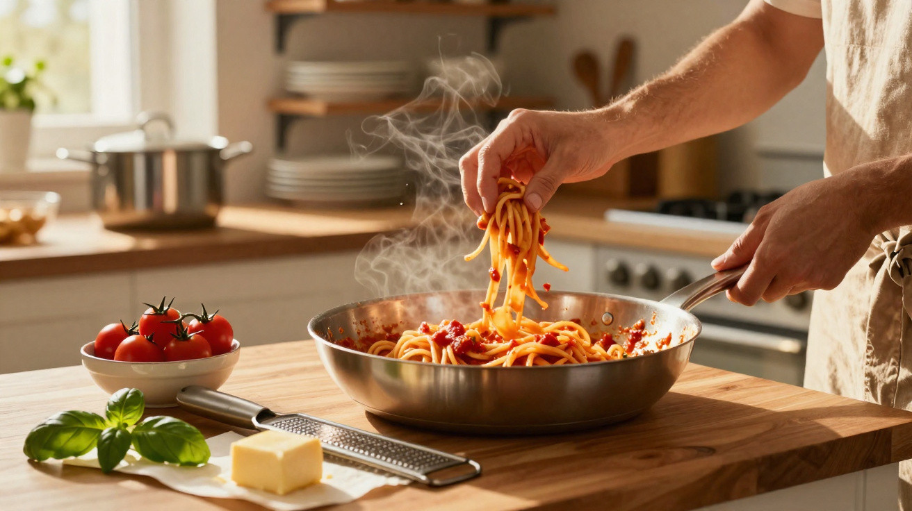 Pessoa mexendo macarrão com molho de tomate em frigideira quente na cozinha iluminada e organizada.