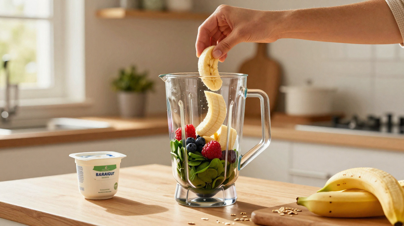 Mão colocando banana fatiada em liquidificador com frutas e folhas verdes em cozinha iluminada.