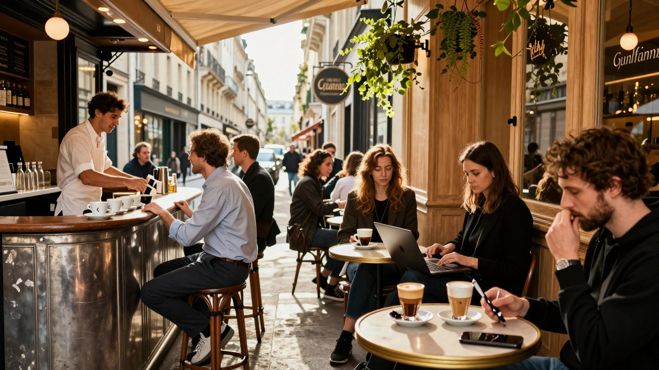 Pessoas conversando e trabalhando em laptops em mesas de café ao ar livre em uma rua ensolarada.