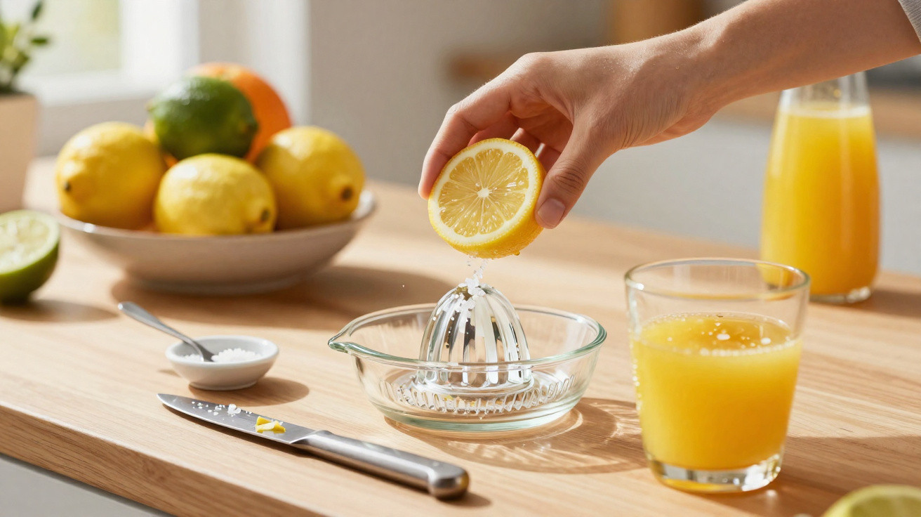 Pessoa espremendo limão em espremedor de vidro com copo de suco e frutas ao fundo.