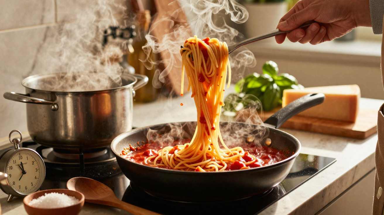 Macarrão com molho sendo servido na frigideira em cozinha com panela e temperos ao fundo.