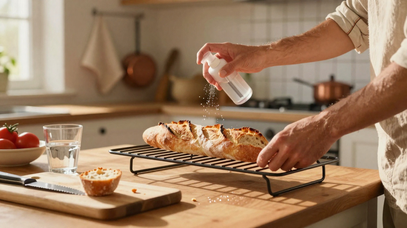 Pessoa polvilhando sal em pão francês sobre grade na cozinha iluminada naturalmente.