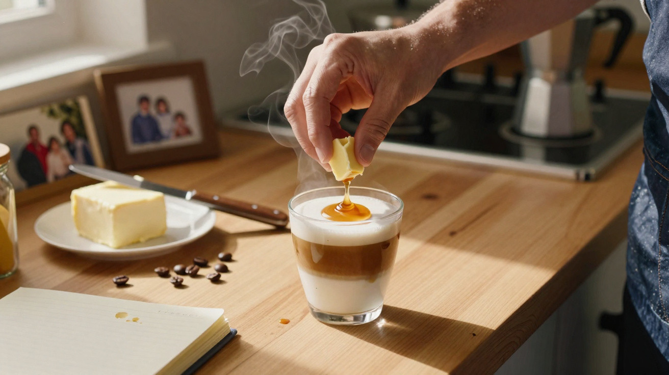 Pessoa segurando pedaço de manteiga para colocar em café com leite fumegante em copo transparente.