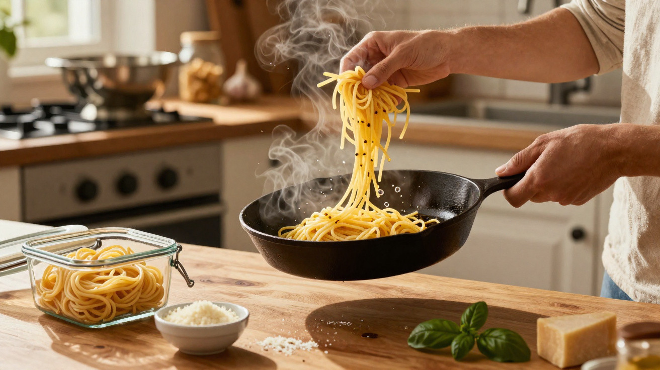 Pessoas cozinhando macarrão quente em frigideira preta em cozinha com bancada de madeira e ingredientes.