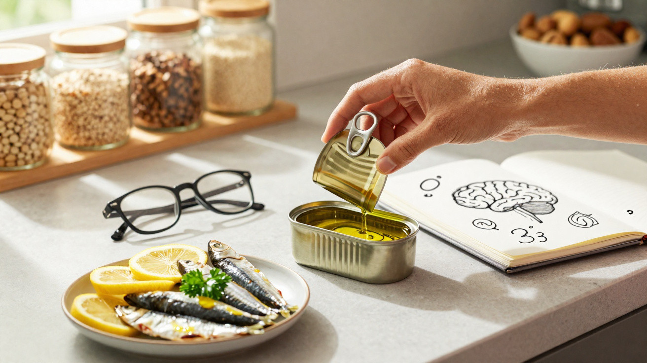 Mão derramando óleo de uma lata de sardinha, prato com sardinhas e limão, óculos e livro com desenho de cérebro.